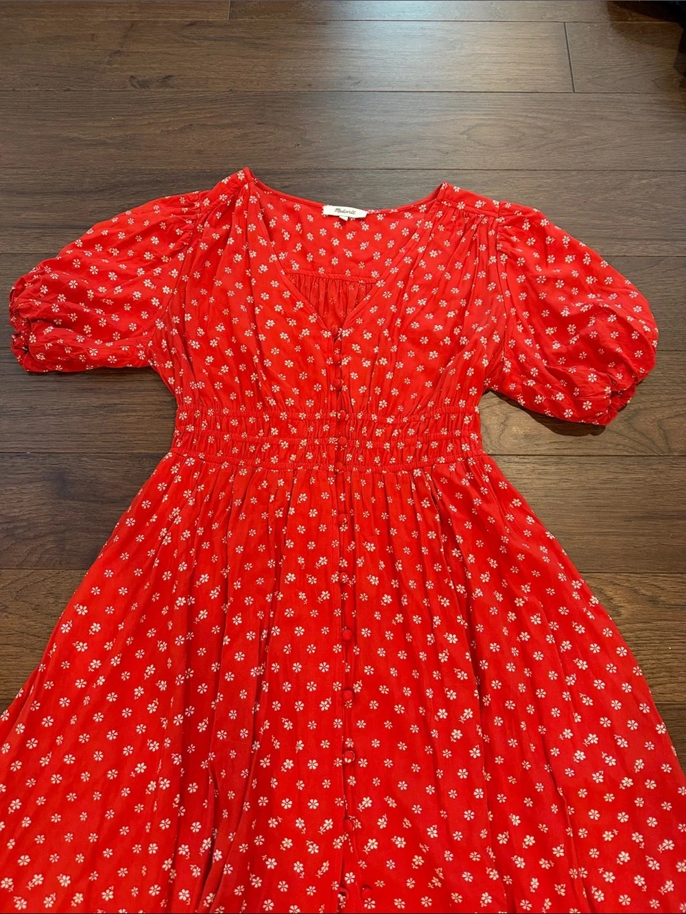 MADEWELL Puff Sleeve Buttonfront Retro Mini Dress In Bandana Red Medium - C1-100